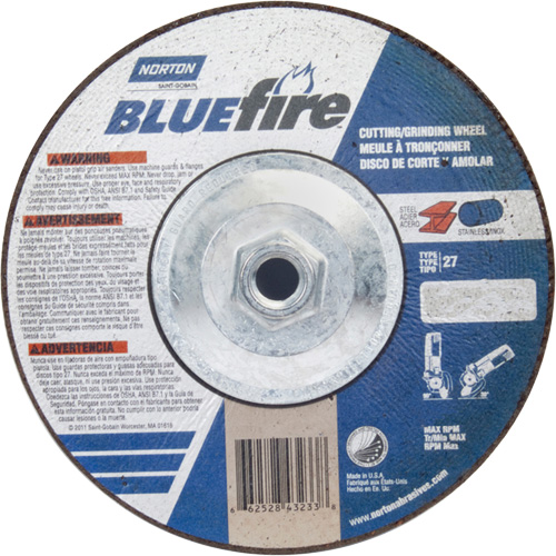 BlueFire Grinding & Cutting Wheel, 7" x 1/8", 5/8"-11 Arbor, Type 27, Zirconia Alumina Distribution Jean Lapalme