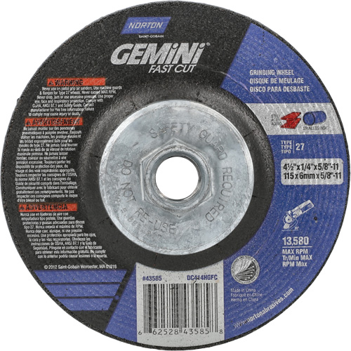 Meule Gemini, 4-1/2" x 1/4", Arbre 5/8"-11, Oxyde d'aluminium, Type 27 Distribution Jean Lapalme
