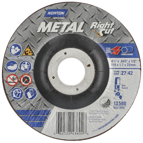 Metal RightCut Right Angle Cut-Off Wheel, 4-1/2" x 0.045", 7/8" Arbor, Type 27, Aluminum Oxide, 13580 RPM Distribution Jean Lapalme