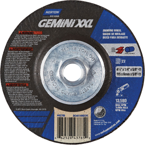 Gemini XXL Grinding Wheel, 4-1/2" x 1/4", 5/8"-11 Arbor, Aluminum Oxide, Type 27 Distribution Jean Lapalme