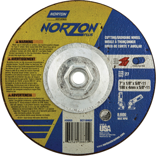 Disque de meulage et tronçonnage NorZon Plus SGZ, 7" x 1/8", Arbre de 5/8"-11, Type 27, C&eacute;ramique d'alumine Distribution Jean Lapalme