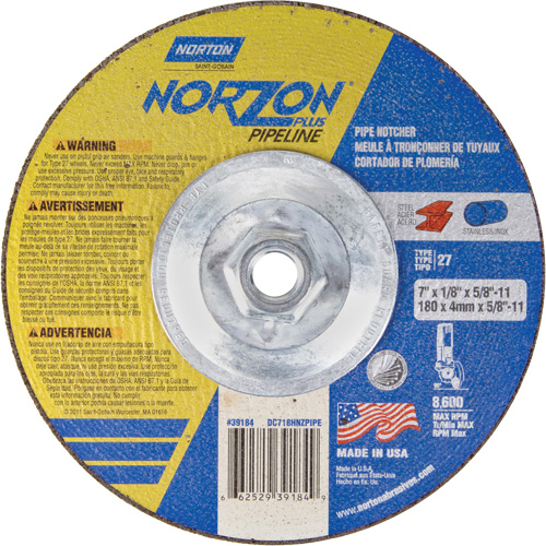 NorZon Plus SGZ Right Angle Cut-Off Wheel, 7" x 1/8", 5/8"-11 Arbor, Type 27/42, Ceramic Alumina, 8600 RPM Distribution Jean Lapalme