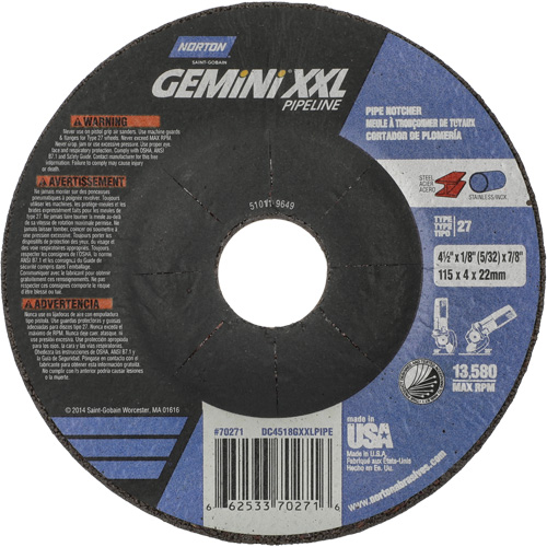 Disque combin&eacute; de meulage et tronçonnage Gemini XXL, 4-1/2" x 1/8", Arbre de 7/8", Type 27, Oxyde d'aluminium Distribution Jean Lapalme