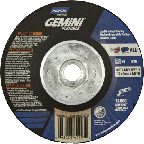 Gemini Flexible A AO Grinding and Cutting Wheel, 4-1/2" x 1/8", 5/8"-11 Arbor, Type 29, Aluminum Oxide, 13580 RPM Distribution Jean Lapalme