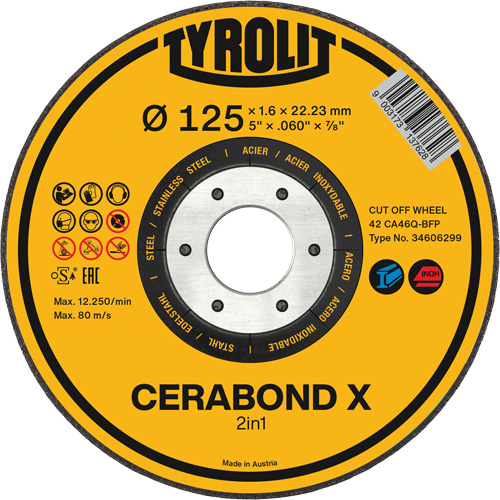 Meule &agrave; tronçonner pour acier et acier inoxydable CERABOND X, 5" x 0,45", Arbre de 7/8", Type 1, C&eacute;ramique, 12250 Tr/min Distribution Jean Lapalme