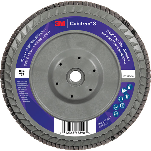 Disque &agrave; lamelles plate 1169F Cubitron 3 &agrave; changement rapide, 6" x 5/8"-11, Type T27, Grain 80+, C&eacute;ramique Distribution Jean Lapalme