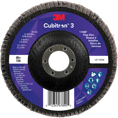 Disque &agrave; lamelles conique 1169F Cubitron 3, 5" x 7/8", Type T29, Grain 60+, C&eacute;ramique Distribution Jean Lapalme