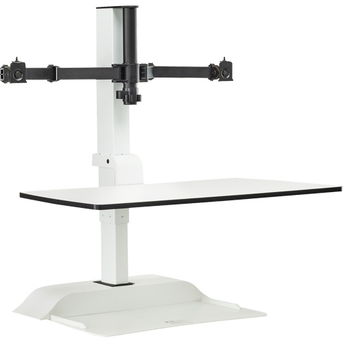 Bureau &eacute;lectrique assis/debout Soar avec bras d&eacute;cran double, Mod&egrave;le de bureau, 37-1/4" h x 27-3/4" la x 22" p, Blanc Distribution Jean Lapalme