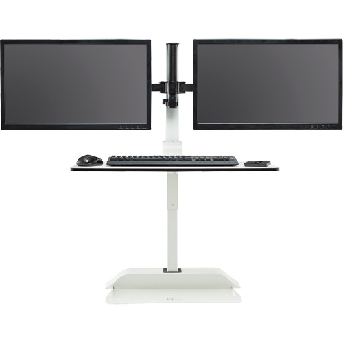 Bureau &eacute;lectrique assis/debout Soar avec bras d&eacute;cran double, Mod&egrave;le de bureau, 37-1/4" h x 27-3/4" la x 22" p, Blanc Distribution Jean Lapalme