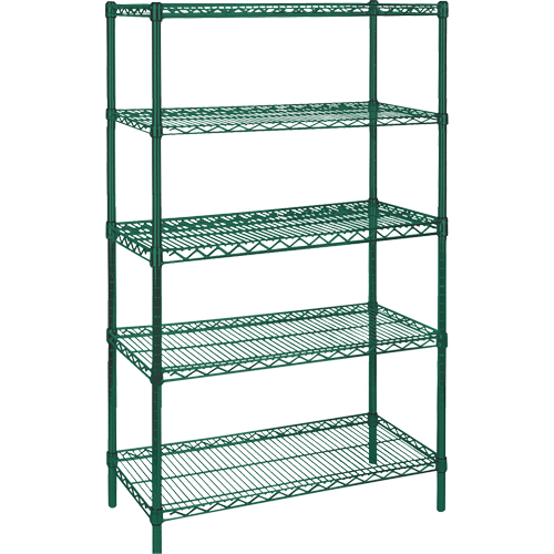 &eacute;tag&egrave;res robustes en treillis m&eacute;tallique au fini &eacute;poxy vert, 5 Tablettes, 36" la x 74" h x 18" p Distribution Jean Lapalme