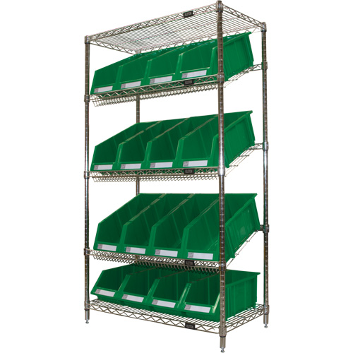 &eacute;tag&egrave;re en treillis m&eacute;tallique &agrave; tablettes inclin&eacute;es avec bacs, Tiers 5, 36" la x 63" h x 18" p Distribution Jean Lapalme