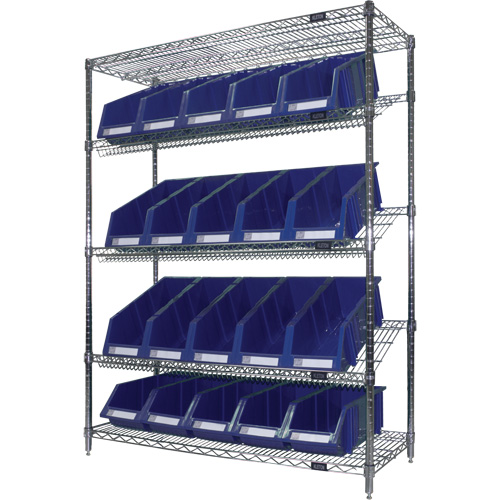 Slanted Wire Shelf with Bins, 5 Tiers, 48" W x 63" H x 18" D Distribution Jean Lapalme