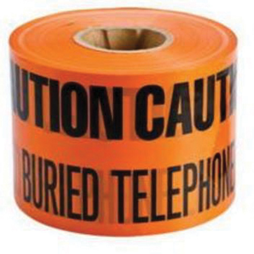 Ruban d'avertissement de danger souterrain Buried Telephone Line Identoline, 6" la x 1000' lo, Noir/orange Distribution Jean Lapalme