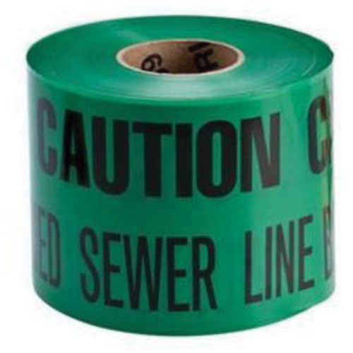 Ruban d'avertissement de danger souterrain Buried Sewer Line Identoline, 6" la x 1000' lo, Noir sur vert Distribution Jean Lapalme