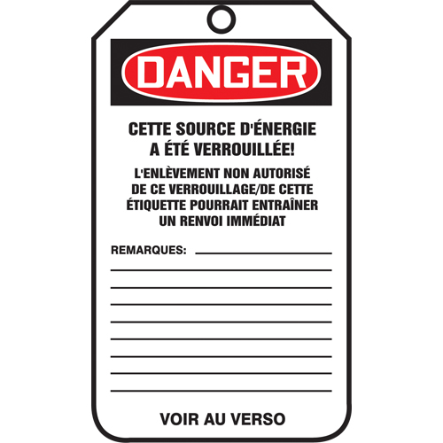 &eacute;tiquettes de s&eacute;curit&eacute; - Verrouillage, Papier cartonn&eacute;, 3-1/8" la x 5-7/8" h, Français Distribution Jean Lapalme
