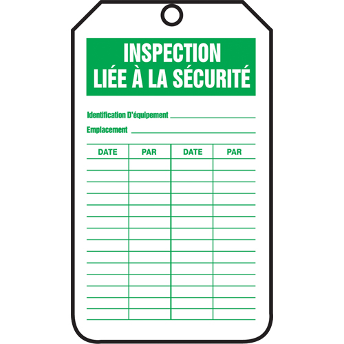 &eacute;tiquettes de s&eacute;curit&eacute; d'inspection et de contr&ocirc;le de l'&eacute;tat de l'&eacute;quipement, Papier cartonn&eacute;, 3-1/8" la x 5-7/8" h, Français Distribution Jean Lapalme