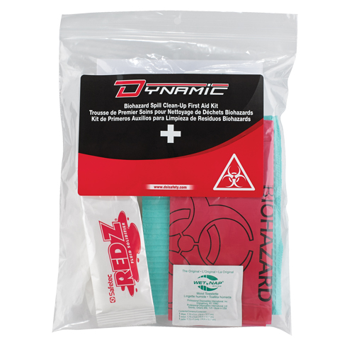 Trousse de premiers soins pour nettoyage de biorisques Dynamic, Dispositif m&eacute;dical Classe 1, Sac en plastique refermable Distribution Jean Lapalme