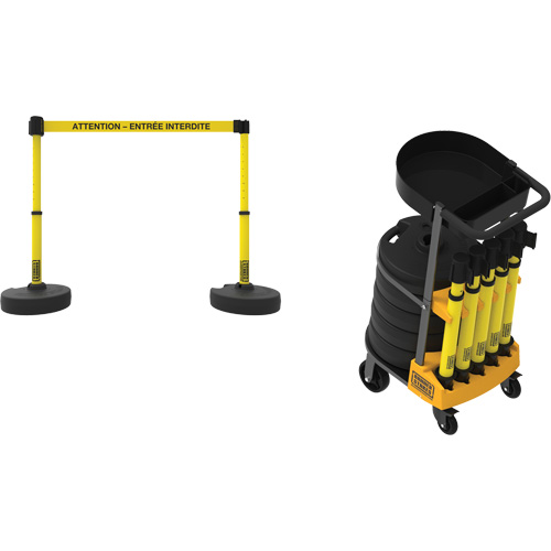 Syst&egrave;me de barri&egrave;re &agrave; chariot portatif avec plateau Plus, 75' lo, M&eacute;tal/Plastique, Jaune Distribution Jean Lapalme