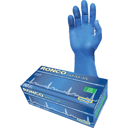 Gant d'examen extra long SilkTex XPL, Grand, Latex, 13 mils, Sans poudre, Bleu, Classe 2 Distribution Jean Lapalme
