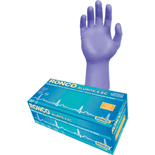 Gants d'examen &agrave; manchette allong&eacute;e Blurite 6 EC, Petit, Nitrile, 6 mils, Sans poudre, Mauve, Classe 2 Distribution Jean Lapalme