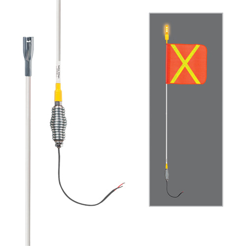 Tiges de s&eacute;curit&eacute; tout-temps de s&eacute;rie lourde avec lumi&egrave;re DEL constante Safety Whip, Fixation Ressort, Hauteur 3', Orange avec X r&eacute;fl&eacute;chissant Distribution Jean Lapalme