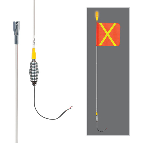 Tiges de s&eacute;curit&eacute; tout-temps de s&eacute;rie lourde avec lumi&egrave;re DEL constante Safety Whip, Fixation Ressort, Hauteur 5', Orange avec X r&eacute;fl&eacute;chissant Distribution Jean Lapalme