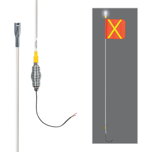 Tiges de s&eacute;curit&eacute; tout-temps de s&eacute;rie lourde avec lumi&egrave;re DEL constante Safety Whip, Fixation Ressort, Hauteur 5', Orange avec X r&eacute;fl&eacute;chissant Distribution Jean Lapalme