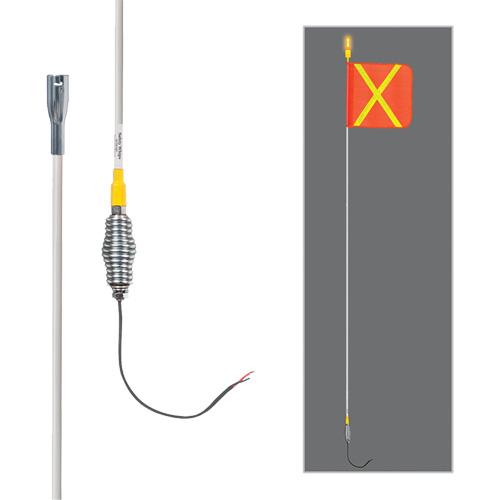 Tiges de s&eacute;curit&eacute; tout-temps de s&eacute;rie lourde avec lumi&egrave;re DEL constante Safety Whip, Fixation Ressort, Hauteur 10', Orange avec X r&eacute;fl&eacute;chissant Distribution Jean Lapalme
