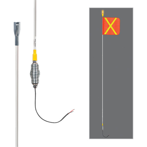 Tiges de s&eacute;curit&eacute; tout-temps de s&eacute;rie lourde avec lumi&egrave;re DEL constante Safety Whip, Fixation Ressort, Hauteur 12', Orange avec X r&eacute;fl&eacute;chissant Distribution Jean Lapalme