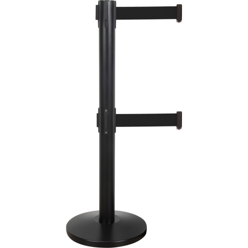 Barri&egrave;re pour le contr&ocirc;le des foules &agrave; courroie double, Acier, 35" h, Ruban Noir, Longueur du ruban 7' Distribution Jean Lapalme
