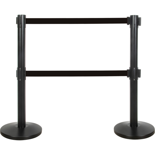 Barri&egrave;re pour le contr&ocirc;le des foules &agrave; courroie double, Acier, 35" h, Ruban Noir, Longueur du ruban 7' Distribution Jean Lapalme
