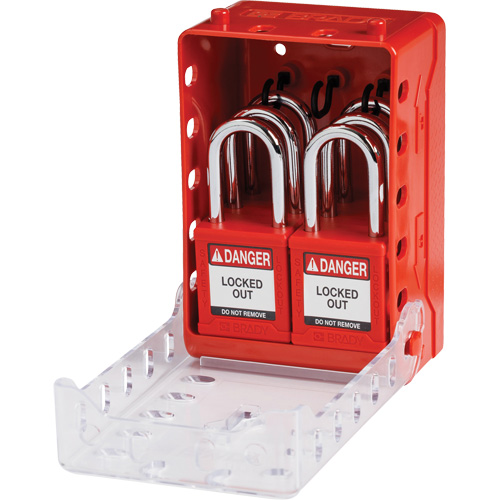 Boîte de cadenassage de groupe ultra compacte avec cadenas de s&eacute;curit&eacute; en nylon, Rouge Distribution Jean Lapalme
