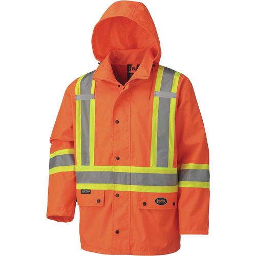 5575A Veste de s&eacute;curit&eacute; imperm&eacute;able avec capuchon amovible 450D, Polyester, Orange haute visibilit&eacute;, Petit Distribution Jean Lapalme