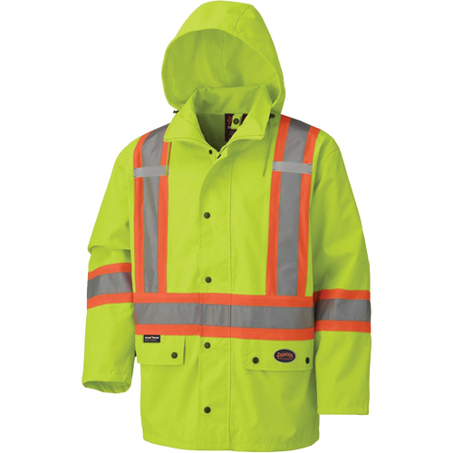 5585A Veste de s&eacute;curit&eacute; imperm&eacute;able avec capuchon amovible 450D, Polyester, Jaune lime haute visibilit&eacute;, T-petit Distribution Jean Lapalme