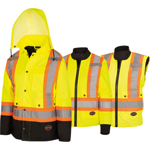 5021BBW Women's  7-in-1 Waterproof Jacket with Hood, Polyester/Polyurethane, High Visibility Lime-Yellow, X-Small Distribution Jean Lapalme