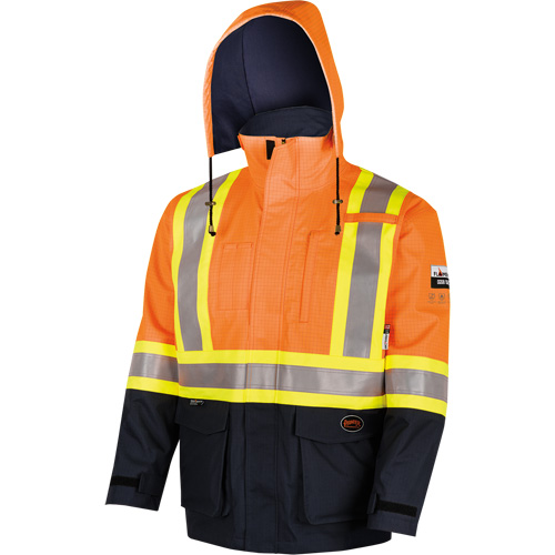 4484 Manteau de s&eacute;curit&eacute; Defender antistatique/ignifuge/anti-arc &eacute;lectrique en trilamin&eacute;, Petit, Noir/Orange haute visibilit&eacute;, 11 cal/cm² Distribution Jean Lapalme
