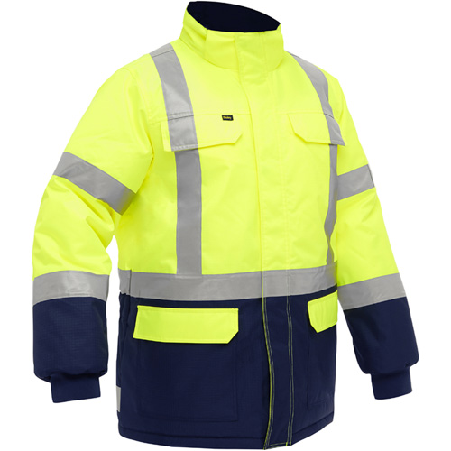 Manteau pour le froid extr&ecirc;me avec bas bleu marin et X au dos Bisley, Polyester, Jaune lime haute visibilit&eacute;, T-Grand Distribution Jean Lapalme
