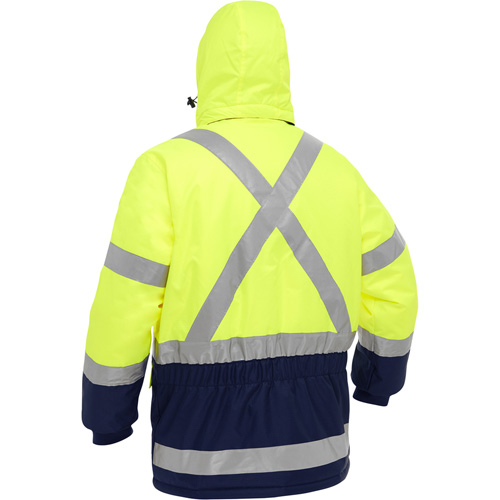 Manteau pour le froid extr&ecirc;me avec bas bleu marin et X au dos Bisley, Polyester, Jaune lime haute visibilit&eacute;, T-Grand Distribution Jean Lapalme