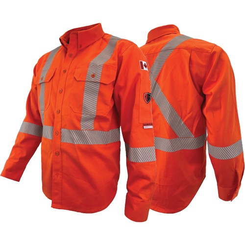 Chandail de travail &agrave; manches longues ignifuge et r&eacute;sistant &agrave; l'arc &eacute;lectrique avec bandes de 2" Atlas Guardian, T-petit, Orange haute visibilit&eacute; Distribution Jean Lapalme