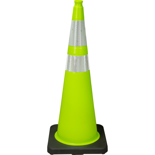 C&ocirc;ne de signalisation de premi&egrave;re qualit&eacute;, 36", Vert lime, Bande(s) r&eacute;fl&eacute;chissante(s) 4" & 6" Distribution Jean Lapalme