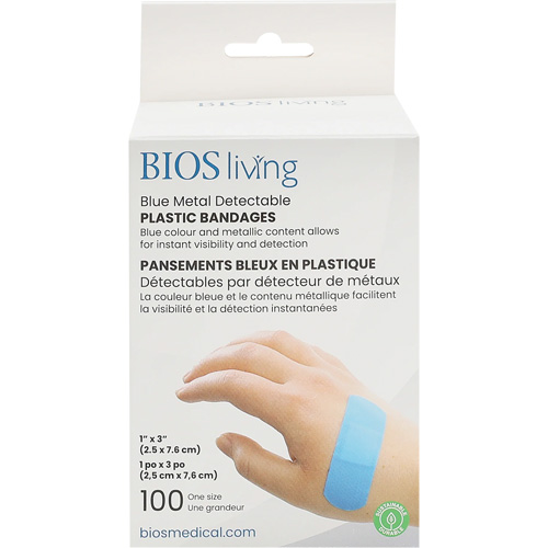 Blue Water-Resistant Bandages, Rectangular/Square, 3", Plastic Metal Detectable, Sterile Distribution Jean Lapalme