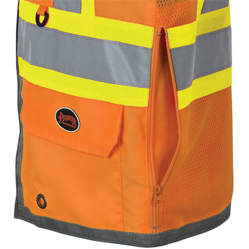 Veste de s&eacute;curit&eacute; pour arpenteur Pioneer avec fermeture &agrave; glissi&egrave;re et dos en maille, Orange haute visibilit&eacute;, Petit, Polyester Distribution Jean Lapalme