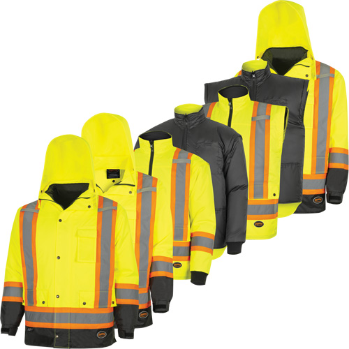 Parka de s&eacute;curit&eacute; d'hiver imperm&eacute;able 7-en-1 5057 Pioneer Yukon, Polyester, Noir/Jaune lime haute visibilit&eacute;, T-petit Distribution Jean Lapalme