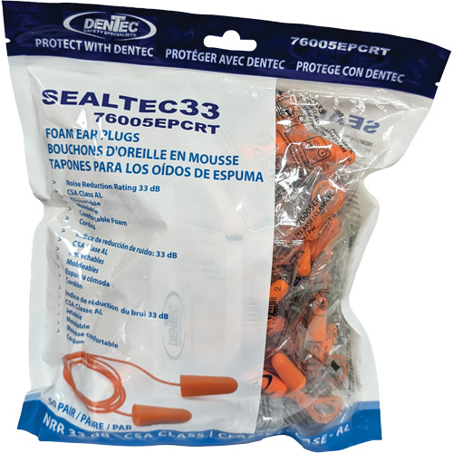 Bouchons d'oreilles coniques jetables en mousse de PU orange SEALTEC33, Vrac - Sac en poly, Avec cordon Distribution Jean Lapalme
