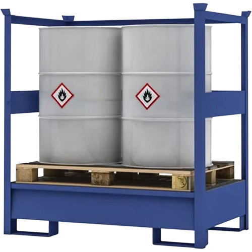 Palette de confinement de d&eacute;versement de transport bleu pour 2 barils avec rails lat&eacute;raux, Capacit&eacute; de d&eacute;versement 66 gal. US, 55" x 34" x 58" Distribution Jean Lapalme