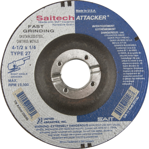 Saitech Attacker&reg; Fast Grinding Wheel, 4-1/2" x 1/4", 7/8" Arbor, Aluminum Oxide/Ceramic, Type 27 Distribution Jean Lapalme