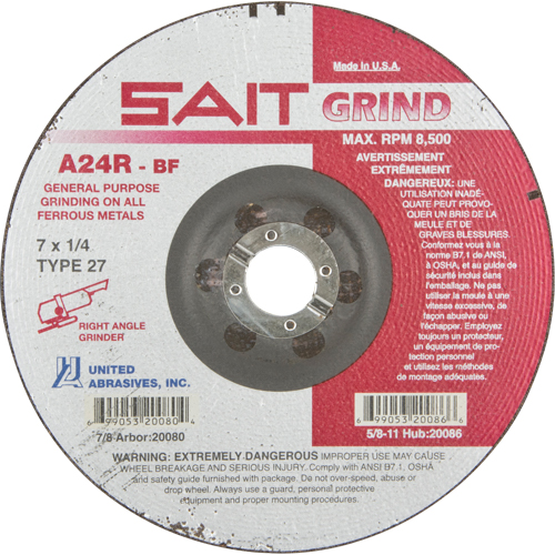 A24R Long Life Grinding Wheel, 7" x 1/4", 7/8" Arbor, Aluminum Oxide, Type 27 Distribution Jean Lapalme