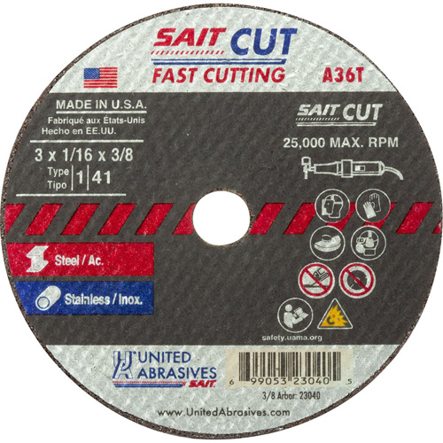 Cut-Off Wheel (A36T), 13" x 1/16", 3/8" Arbor, Type 27, Aluminum Oxide, 25000 RPM Distribution Jean Lapalme