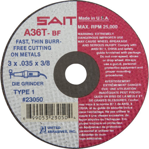 Cut-Off Wheel (A36T), 3" x 0.035", 3/8" Arbor, Type 27, Aluminum Oxide, 25000 RPM Distribution Jean Lapalme