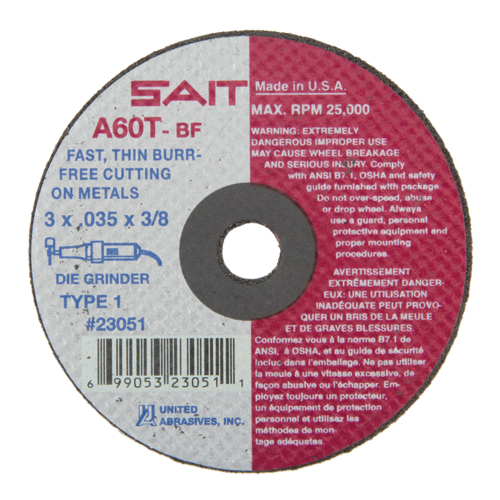 Cut-Off Wheel (A36T), 3" x 0.035", 3/8" Arbor, Type 1, Aluminum Oxide, 25000 RPM Distribution Jean Lapalme